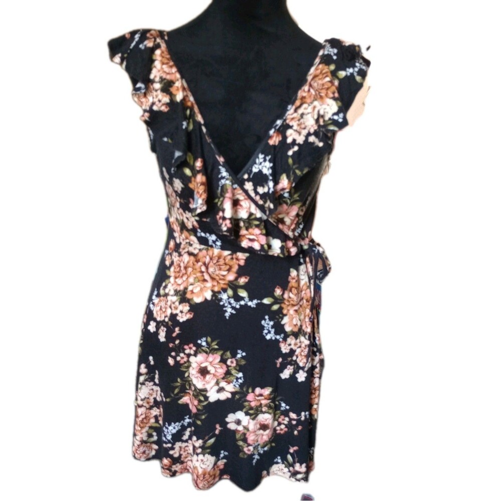 Francesca's Women's S Black Floral Wrap Style Mini Dress